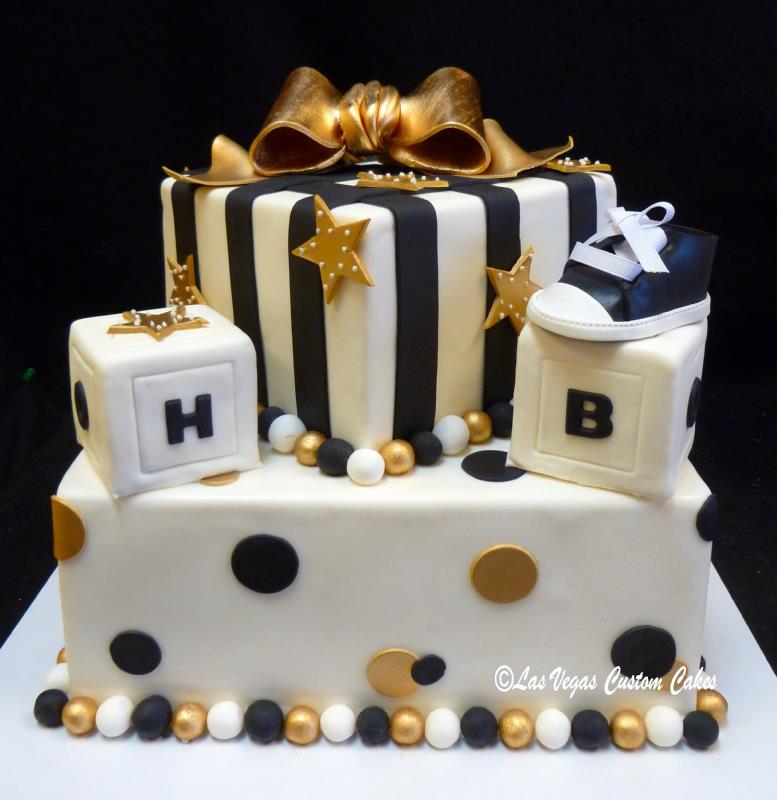 Goodbuns Cakery - Two tier (8 inch chocolate & 5 inch vanilla) black, grey  and silver 21st cake. The bottom tier in black with a Louis Vuitton print  throughout and the top